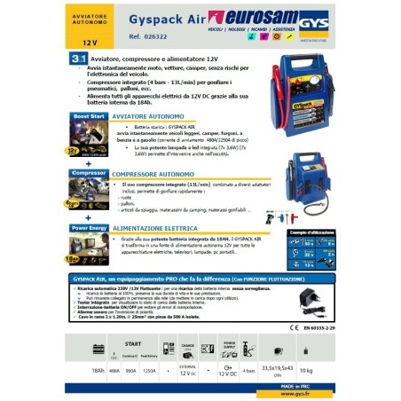 booster avviatore,compressore ed alimentatore 12v gyspack air 3 in 1