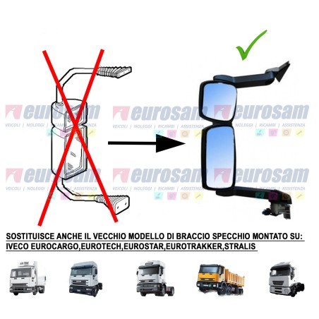 Braccio Specchio Retrovisore Medio Sinistro Iveco | Stralis Trakker Eurocargo | Elettrico Termico 28cm