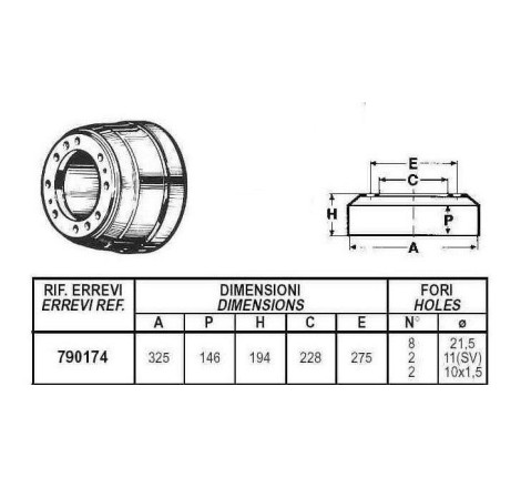 "Tamburo freno per Iveco 95.14 e 109.14 Gamma Zeta - Misure Ø 325x146mm - 8 fori - Ricambio per autocarro"