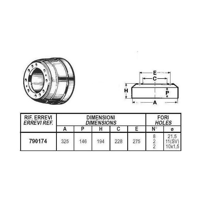 "Tamburo freno per Iveco 95.14 e 109.14 Gamma Zeta - Misure Ø 325x146mm - 8 fori - Ricambio per autocarro"