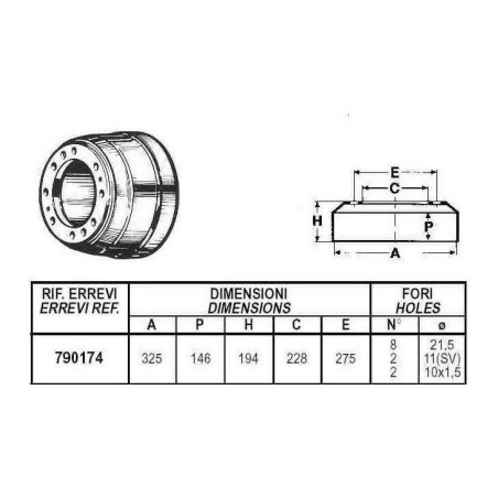 tamburo freno anteriore e posteriore per autocarro iveco: serie - 95.14 - 95.14 gamma zeta - 109.14 - 109.14 gamma zeta