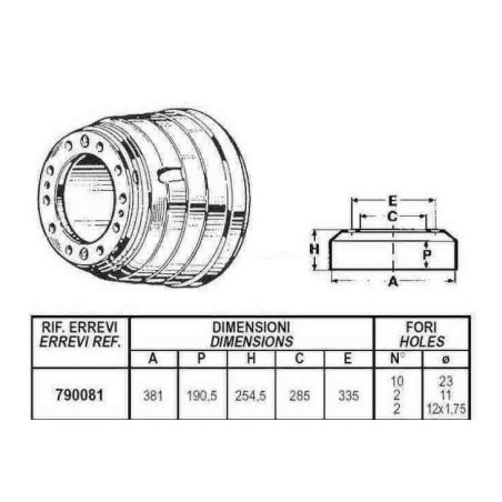 tamburo freno posteriore per autocarro iveco: serie - eurocargo - 150e15.e18.e23.e27 - 170e18.e23.e27 - tector