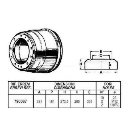 tamburo freno posteriore per autocarro iveco: serie - eurocargo - 135e18.e23 - 150e15.e18.e21.e23/h - tector - 150e18.e24.
