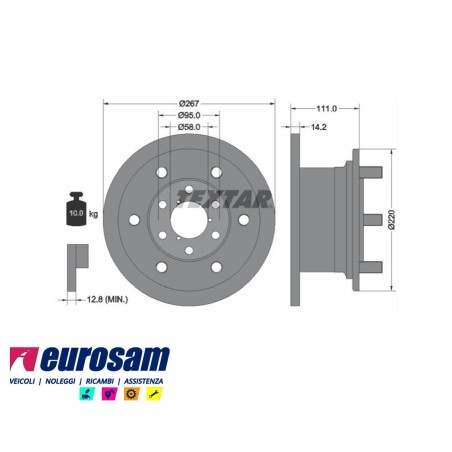 disco freni anteriore singolo con colonnette per iveco: daily  30.8 - 32.8 - 35.8 - 35.10 - 35.12 - 40.8 - 40.10