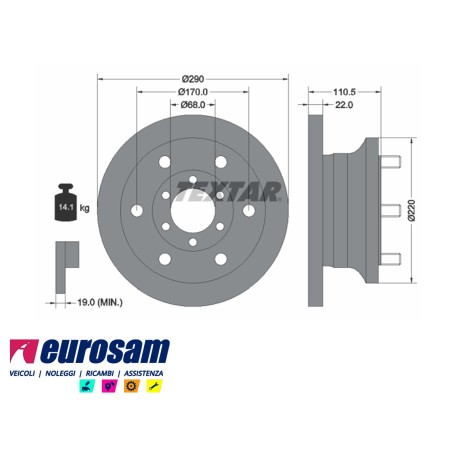 disco freni anteriore singolo con colonnette per iveco: daily  35.8 - 35.10 - 35.12 - 49.10 - 49.12 - daily 2000 - 35c11