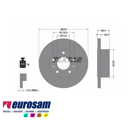 disco freni posteriore singolo senza colonnette con a.b.s. per iveco: daily  35s9 - s10 - s11 - s12 - s13 - s15