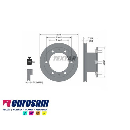 disco freni anteriore singolo con colonnette  per iveco: 65.12 - 79.12 - 79.14 gamma zeta