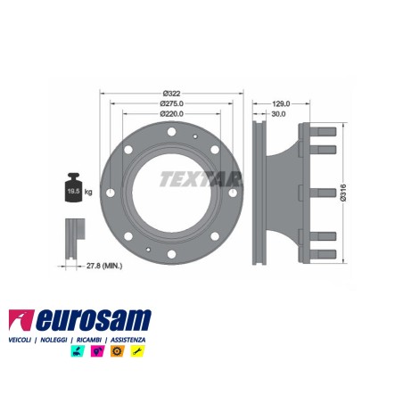 disco freni anteriore singolo con colonnette  per iveco: 95.14 - 109.14 gamma zeta