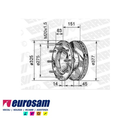 disco freni anteriore singolo con colonnette  per iveco: eurocargo  tector 130e18 - e21 - e24 - e28