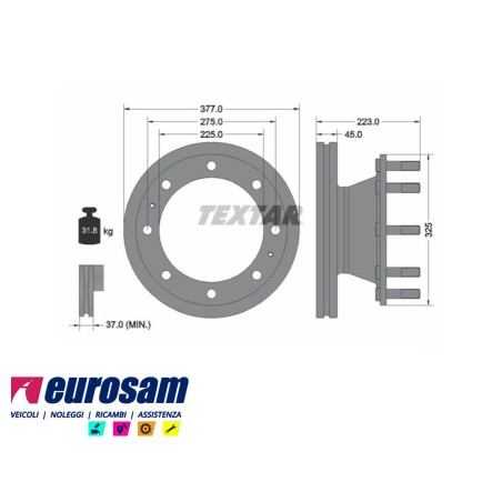 disco freni posteriore singolo con colonnette con a.b.s. per iveco: eurocargo tector 130e18 - e21 - e24 - e28