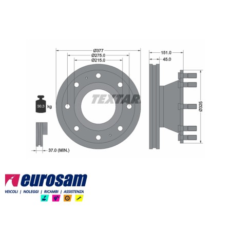 disco freni anteriore singolo con colonnette  per iveco: eurocargo   tector 150e18 - e21 - e24 - e28 - 320e28t