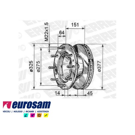 disco freni anteriore singolo con colonnette  per iveco: eurocargo   tector 150e18 - e21 - e24 - e28 - 320e28t