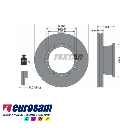 disco freni anteriore singolo senza colonnette  per iveco: eurocargo e   tector 170e18 - e23 - e27 - 180e2