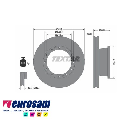 disco freni anteriore singolo senza colonnette  per iveco: eurocargo   tector 180e21 - e24 - e28 - 260e28ke - eurotech