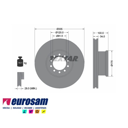 disco freni anteriore singolo senza colonnette ventilato  per mercedes: atego 815 - 917 - 923 - 1017 - 1023