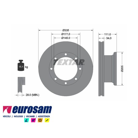 disco freni posteriore singolo senza colonnette ventilato  per mercedes: atego con cerchio 17,5  5ton