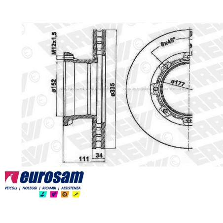 disco freni posteriore singolo senza colonnette ventilato  per mercedes: atego con cerchio 17,5  7ton