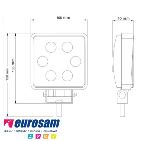 faro faretto da lavoro 6 led 9v 12v 24v 32v 108x158x40mm