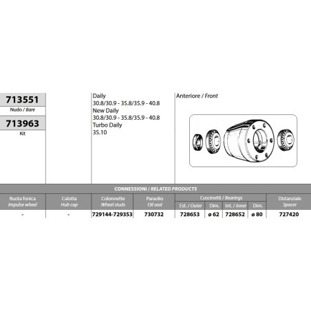 kit mozzo ruota anteriore iveco daily new daily 30.8-35.10-40.8 con cuscinetti