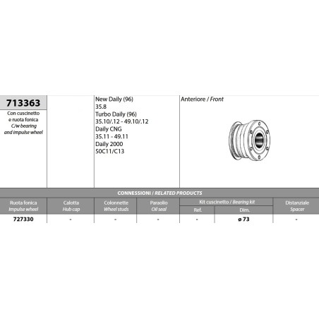 kit mozzo ruota anteriore iveco daily turbodaily cng s2000 con cuscinetto e ruota fonica