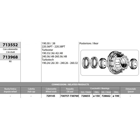kit mozzo ruota posteriore iveco 190.30/.38 240.36/.48 190.30/.36/.42/.48 turbotech 190.24/.26/.30 con cuscinetti paraoli e colo