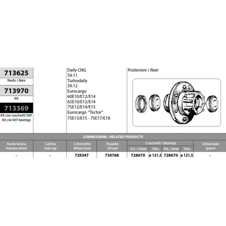 mozzo ruota posteriore iveco turbodaily 59.12 eurocargo 60/65/75e tector 75e13/e15/e18 con cuscinetti e paraolio