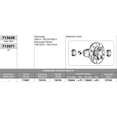 kit mozzo ruota anteriore iveco eurocargo 65/75e12/e14/e15 tector 75e13/e15/e17/e18 con cuscinetti e paraolio