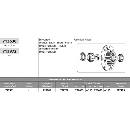 kit mozzo ruota posteriore iveco eurocargo 80/100e15/e18/e21 180e21 tector 100e17/e18/e21 con cuscinetti e paraolio