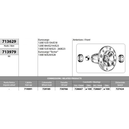 mozzo ruota anteriore nudo iveco eurocargo 120/130/260e15/e15h/e18/e23 tector 130e18/e24/e28