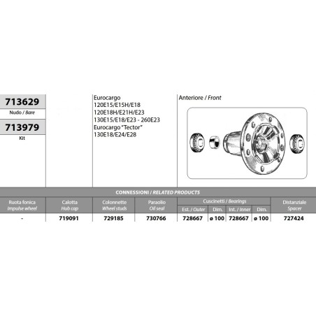 kit mozzo ruota anteriore iveco eurocargo 120/130/260e15/e15h/e18/e23 tector 130e18/e24/e28 con cuscinetti e paraolio