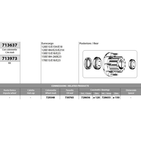 kit mozzo ruota posteriore iveco eurocargo 120/150/170/260e15/e18/e21/e23 con cuscinetti paraolio e colonnette