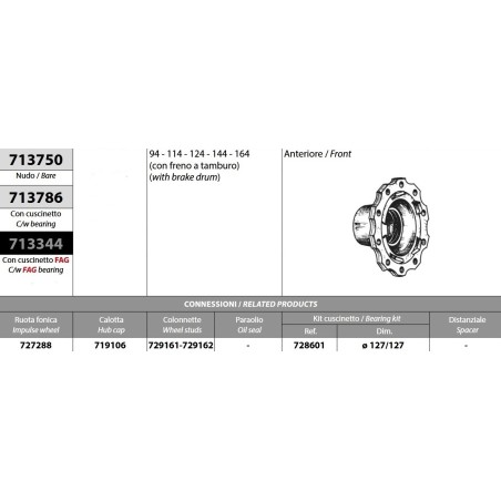 kit mozzo ruota anteriore scania 94 114 124 144 164 con freni a tamburo con cuscinetto oe quality