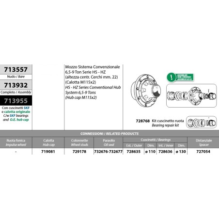 mozzo ruota con cuscinetti e calotta oe quality assale bpw 6,5-9 ton serie hs hz sistema convenzionale h. centr. cerchi mm. 22 c