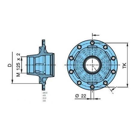 mozzo ruota assale bpw 10-12 ton assale sistema convenzionale serie hs hz altezza centr. cerchi m22 calotta 125x2 con cuscinetti