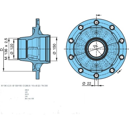 mozzo ruota assale bpw sistema eco 10-12 ton serie hs hz calotta m136x2,5 con cuscinetti e calotta oe quality