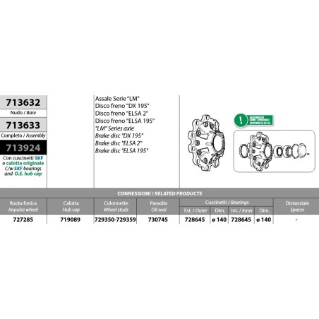 mozzo ruota assale meritor r.o.r. serie lm impianto frenante dx195 elsa 2 elsa 195 con cuscinetti e calotta oe quality