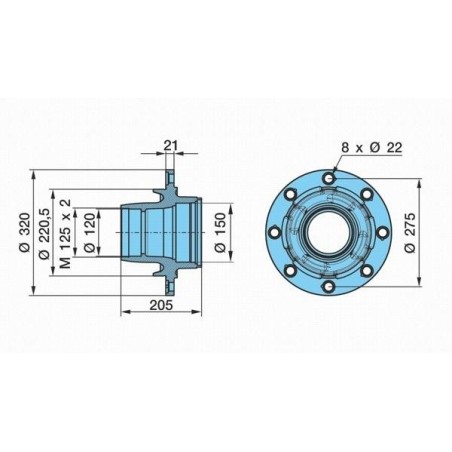 mozzo ruota nudo assale bpw sistema convenzionale 10-12 ton serie k calotta m125x2 8 fori