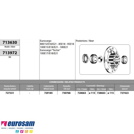 Kit Mozzo ruota posteriore Iveco Eurocargo 80/100E15/E18/E21 180E21 Tector 100E17/E18/E21 con cuscinetti e paraolio