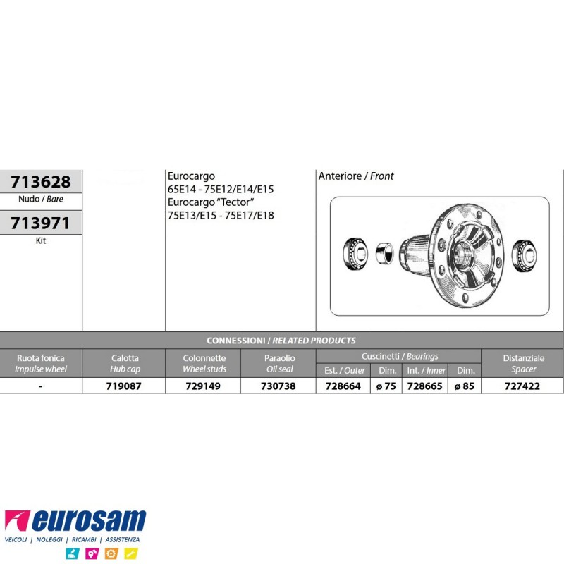 Kit Mozzo ruota anteriore Iveco Eurocargo 65/75E12/E14/E15 Tector 7...