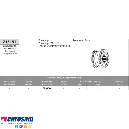 Mozzo ruota anteriore Iveco Eurocargo e Tector 120E24/E28 140E18/E21 150E30 160E18-E30 con cuscinetto e ruota fonica