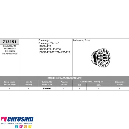 Mozzo ruota anteriore Iveco Eurocargo e Tector 120E24/E28 140E18/E21 150E30 160E18-E30 con cuscinetto e ruota fonica