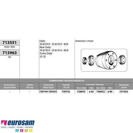 Kit mozzo ruota anteriore IVECO DAILY NEW DAILY 30.8-35.10-40.8 con cuscinetti