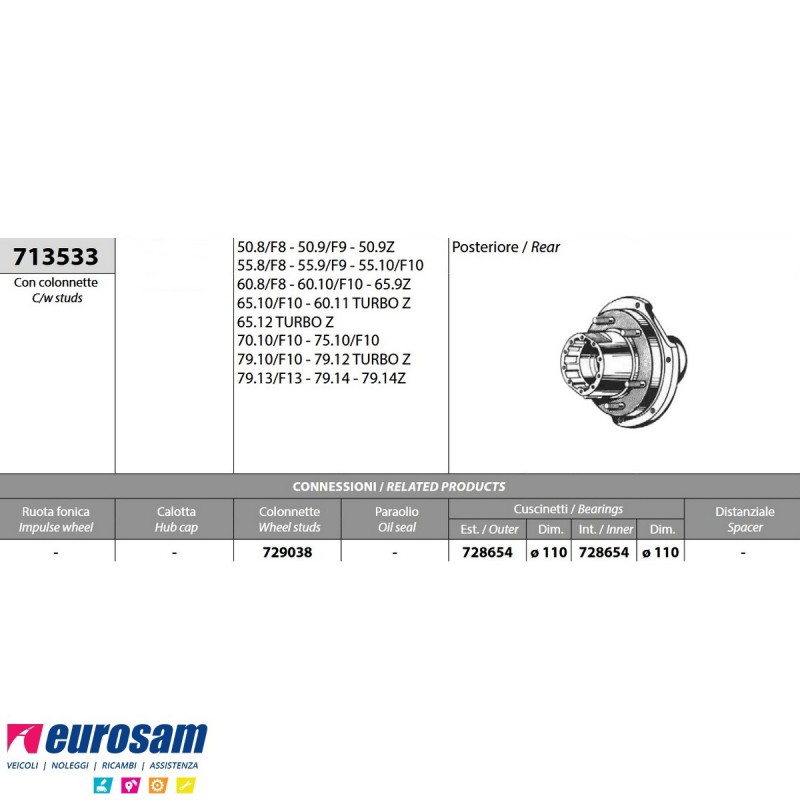 Mozzo ruota posteriore Iveco Fiat 50.8/F8 - 79.14 Gamma zeta con co...