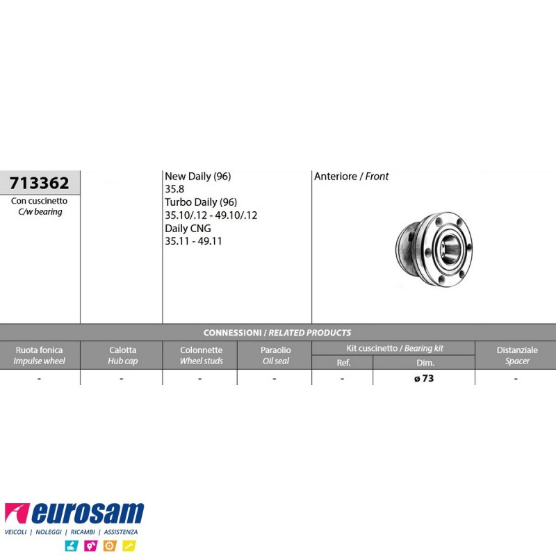 Kit mozzo ruota anteriore Iveco Daily TurboDaily CNG con cuscinetto...