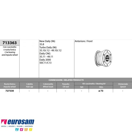 Kit mozzo ruota anteriore Iveco Daily TurboDaily CNG S2000 con cuscinetto e ruota fonica