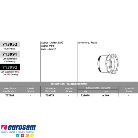Kit Mozzo ruota anteriore Mercedes Actros Mp2 Mp3 Mp4 Axor Axor II con cuscinetto