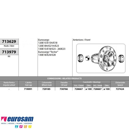 Kit Mozzo ruota anteriore Iveco Eurocargo 120/130/260E15/E15H/E18/E23 Tector 130E18/E24/E28 con cuscinetti e paraolio
