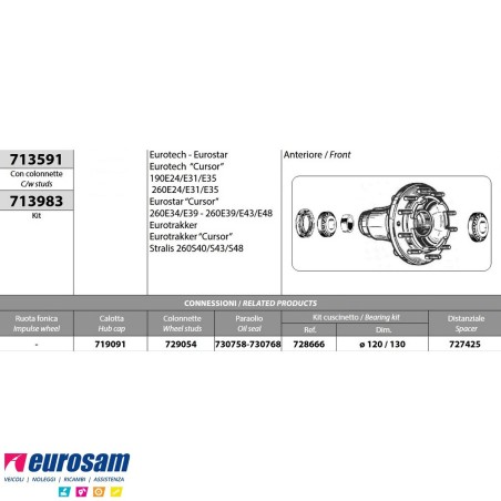 Mozzo ruota anteriore nudo Iveco Eurotech/star/trakker Cursor Stralis 190-260E24/E31/E34/E35/E39/E43/E48/S40/S43/S48 con colonne