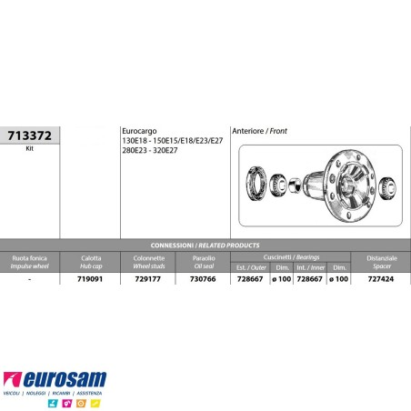 Mozzo ruota anteriore Iveco Eurocargo 130/150/280/320E15/E18/E23/E27 con cuscinetti e paraolio