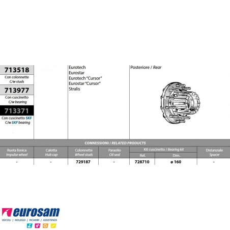 Kit Mozzo ruota posteriore Iveco Eurotech Eurostar Stralis Cursor con cuscinetti paraoli colonnette